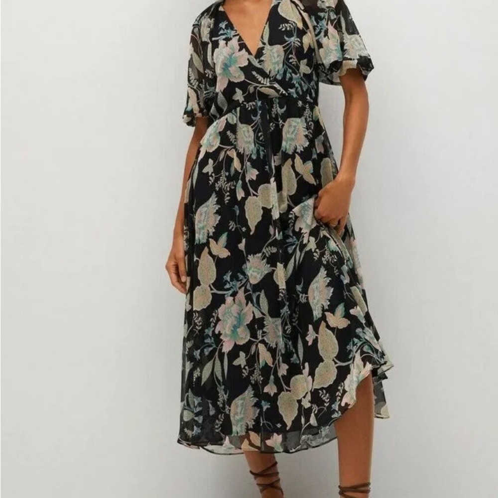 Mango Black Floral Midi Dress with Pastel Bloom Print
